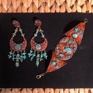 Turquoise and stamped leather bracelet and chandelier earrings.